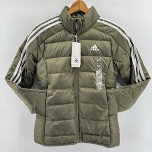 adidas Women's Olive/White Essential 3-Stripe Light Down Jacket (IK3229) Size XS